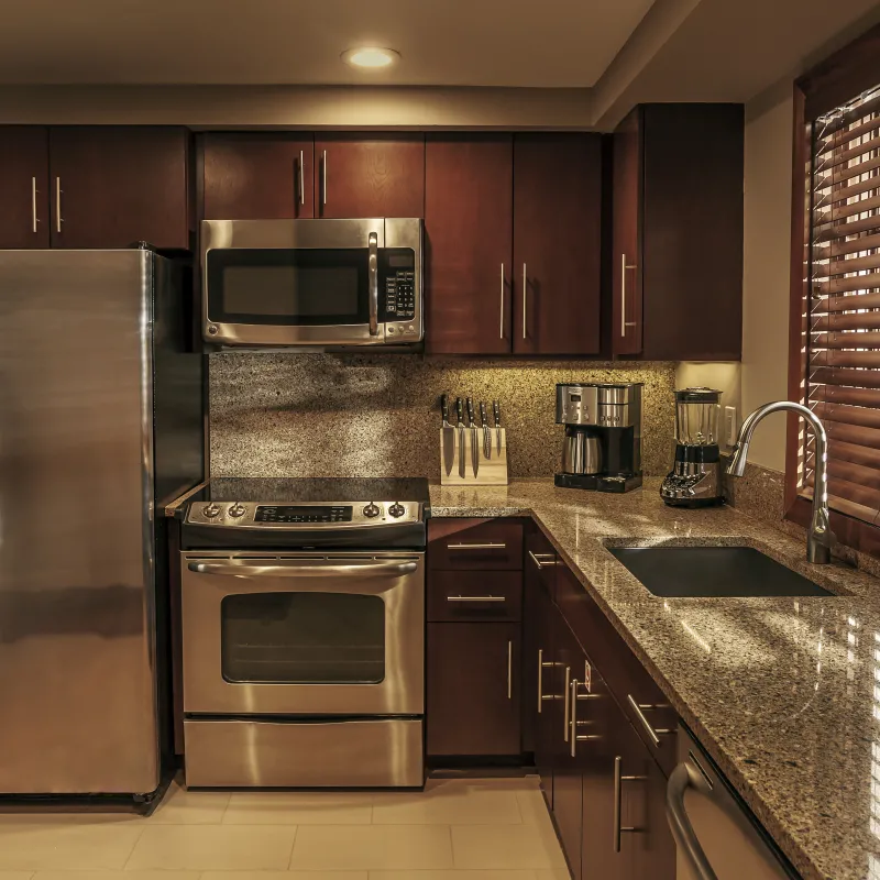 Villas Kitchen Interior Villas kitchen interior with marble countertops and stainless steel appliances