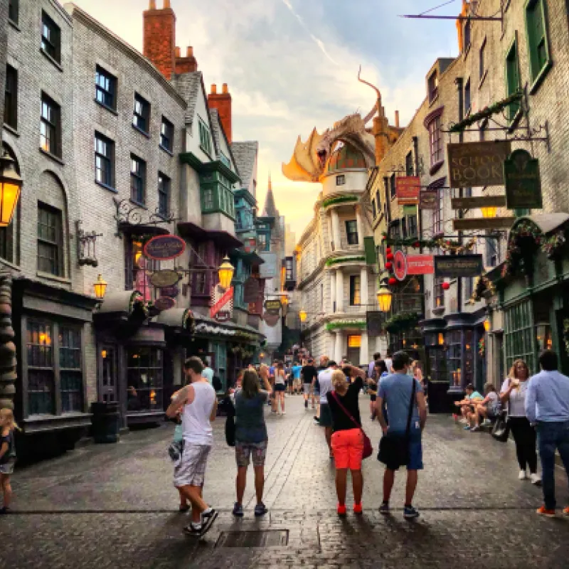 Universal Orlando Resort Guests walking down DIagon Alley at Harry Potter world in Universal Orlando Resort